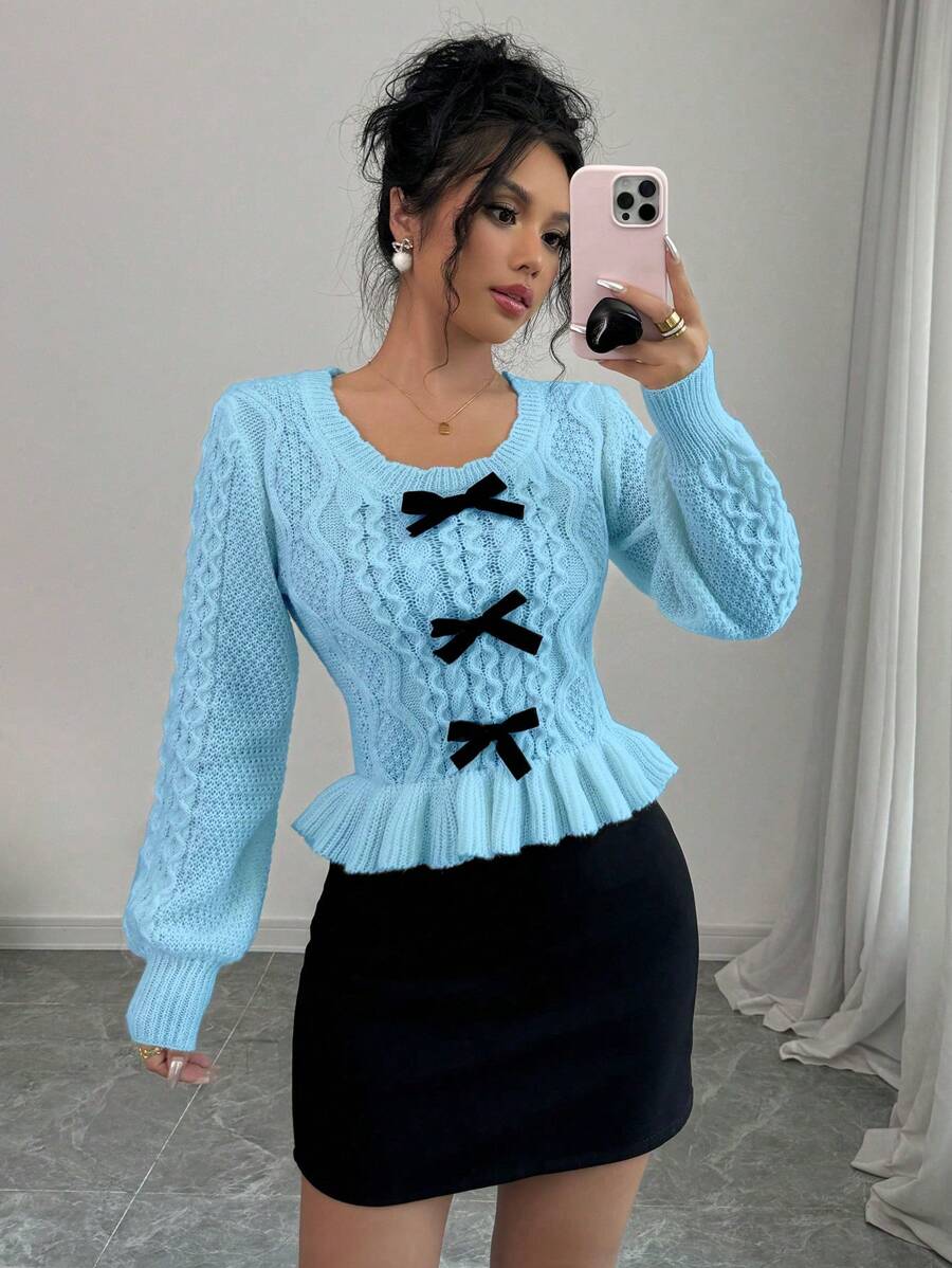 Calvaya Nueva sudadera casual con cuello redondo, manga larga y decoración de lazo para mujer
