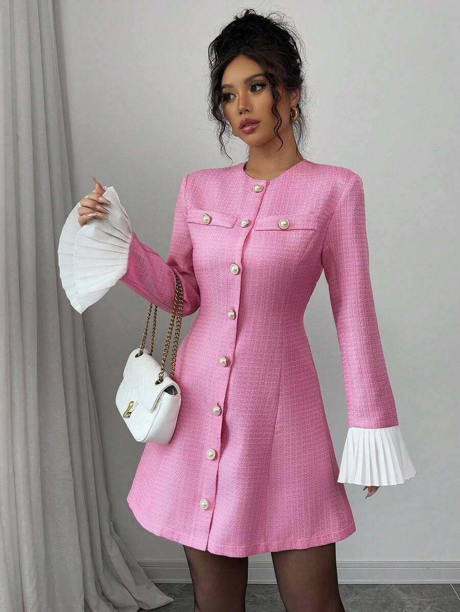Elenzga Elegante Sexy Zwarte Mini A-lijn Jurk Voor Dames Met Gouden Knoop Contrasterende Kleur Ruffle Manchet, Lange Mouw