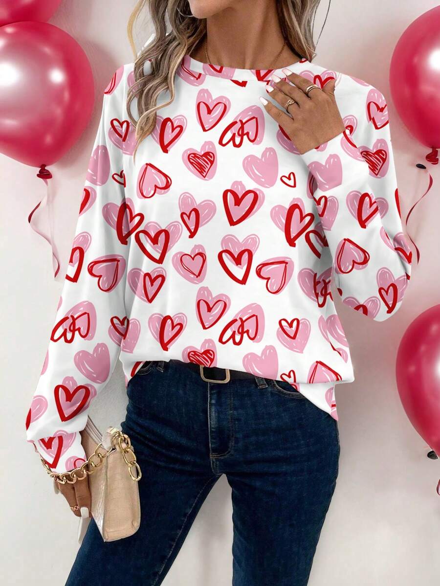 SHEIN LUNE Valentijnsdag Casual Hartpatroon Vierkante Hals Lange Mouw T-shirt Voor Vrouwen, Geschikt Voor Lente En Herfst