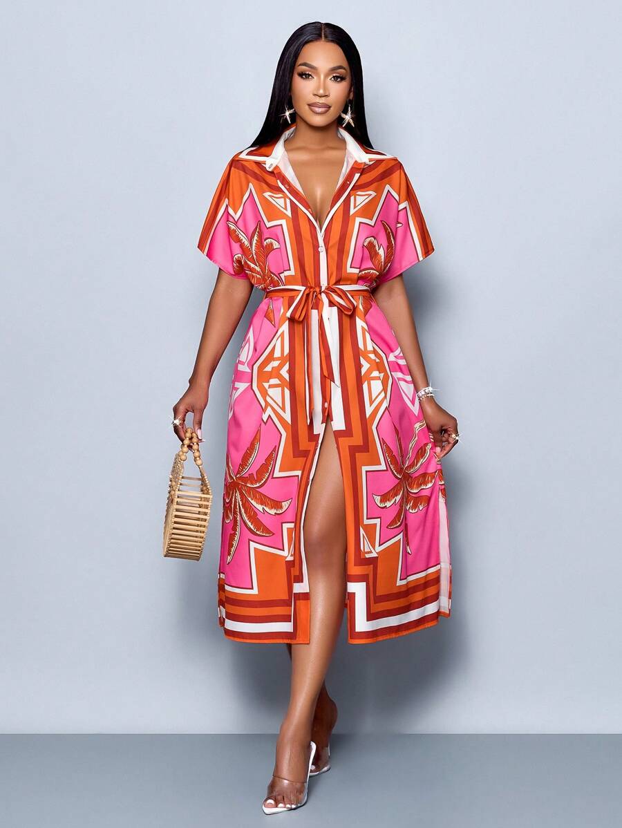 SOLERSUN Women's Patchwork Printed Dolman Sleeve Midi Dress With Waist Tie, Casual Resort Style