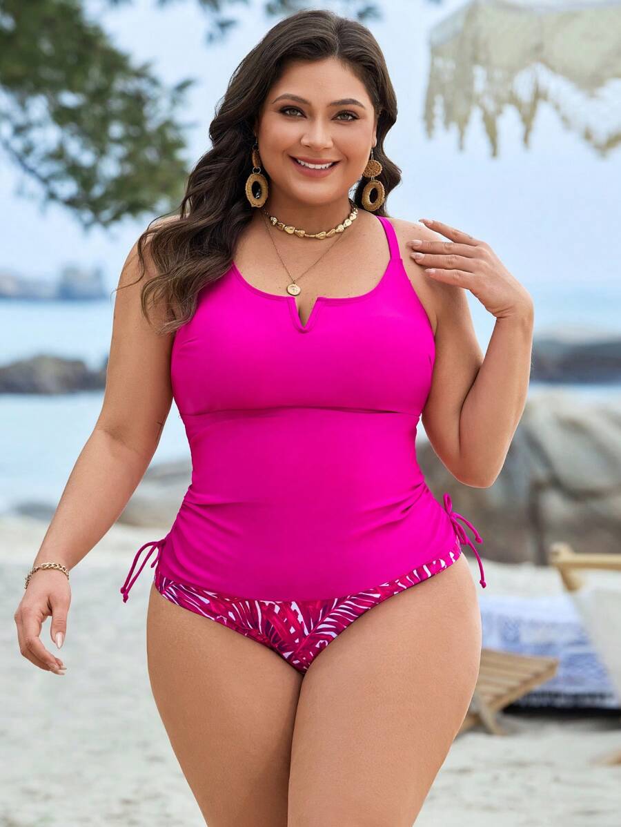 Swim Lushoire Conjunto de tankini de talla grande para mujer con parte superior de color sólido y Bottom con estampado tropical, para verano y vacaciones en la playa