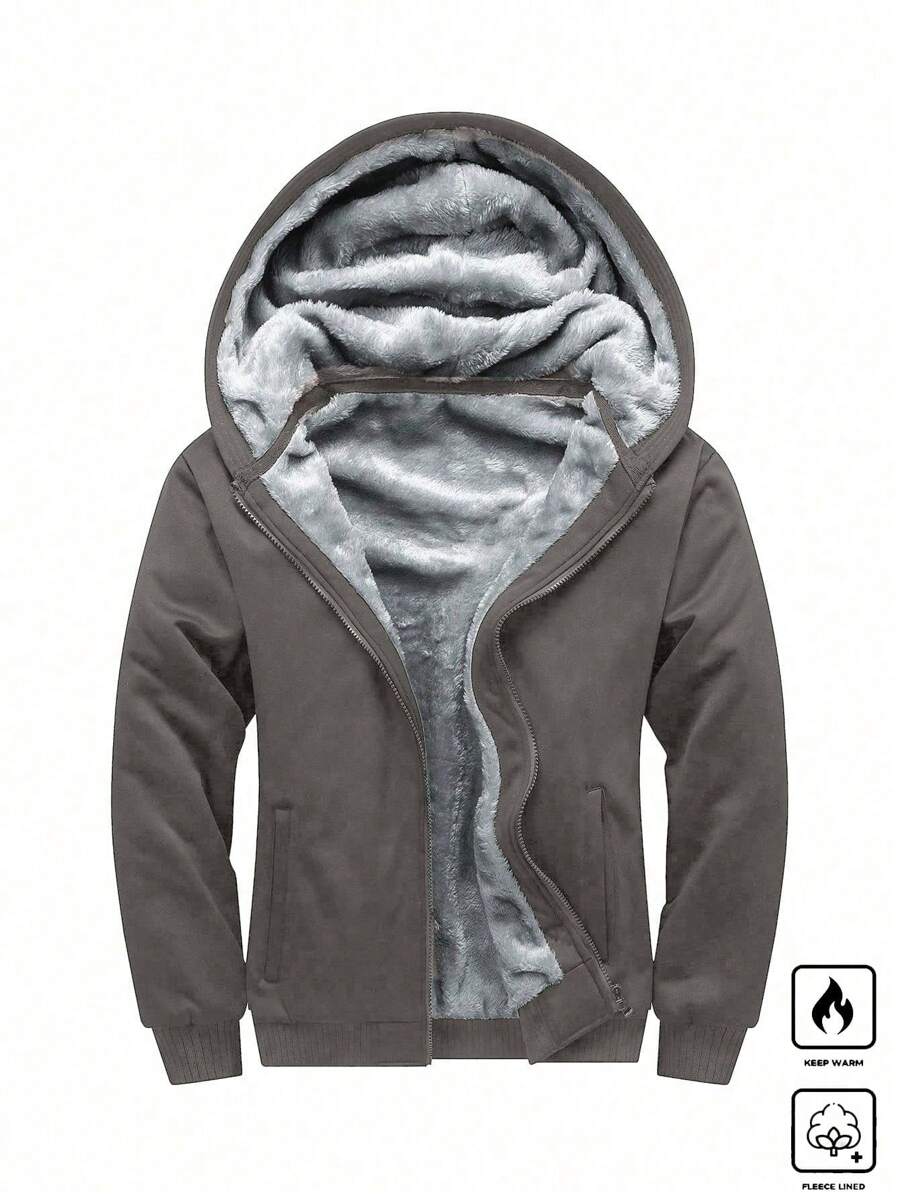 Manfinity Homme Chaqueta casual de invierno con cremallera frontal, con capucha y bolsillos para hombres de talla grande