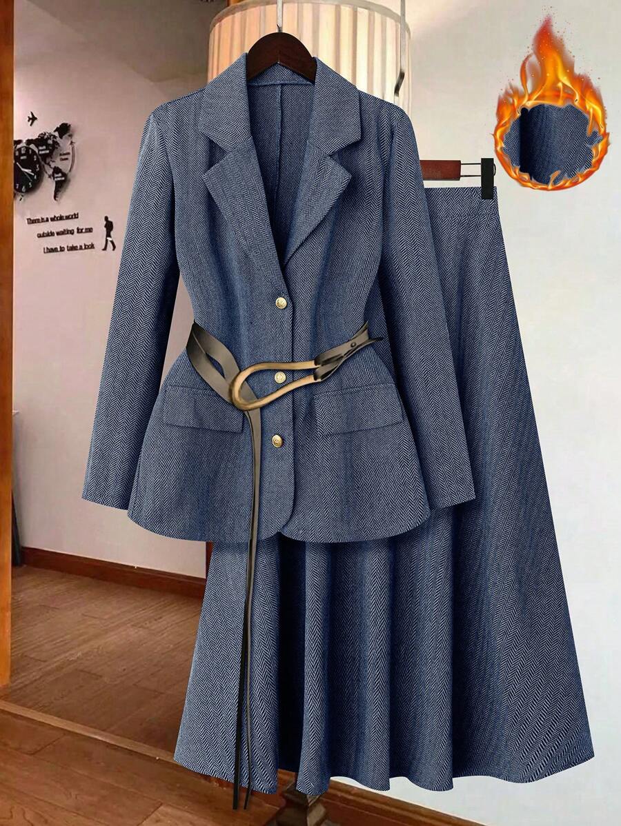 Calvaya French Elegant Elegant Casual Turndown Collar Long Sleeve Herringbone Blazer With Elastic Waist Asymmetrical Skirt Women Suit Set, Autumn/Winter