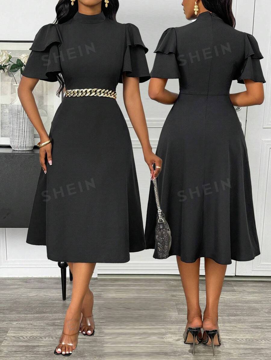 Lyxana Vestido evasé de mujer elegante con cuello redondo, cintura entallada, doble capa de volantes en las mangas y unicolor