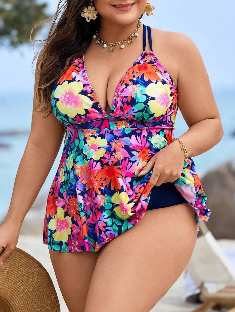 Swim Lushoire Plus Size Women 2pcs Tropical Print Deep V-Neck Cross Back Swim Dress & Solid Brief, Elegant For Pool, Beach, Party, For Summer Vacation