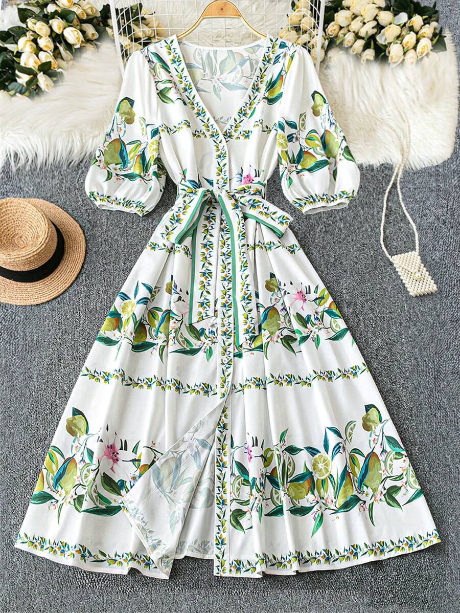 DreamSkyne Court Retro Plus Size Women's Romantic Fruit Print Belted Short Sleeve Shirt Dress, Suitable For Dates, Gatherings, Work Commute, Daily Outings, St. Patrick's Day, Spring/Summer