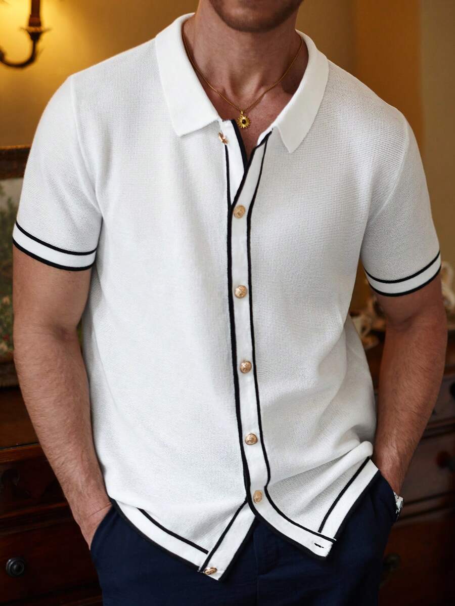 Manfinity CityGents Camisa casual de punto de manga corta con botones y ribete de contraste para hombres