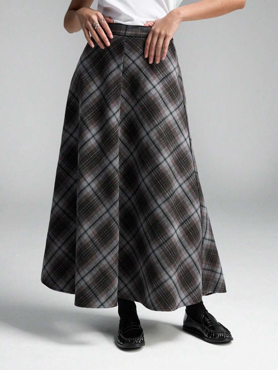 LYSMO Dames Hoge Taille Plaid Lange Casual Forensenrok