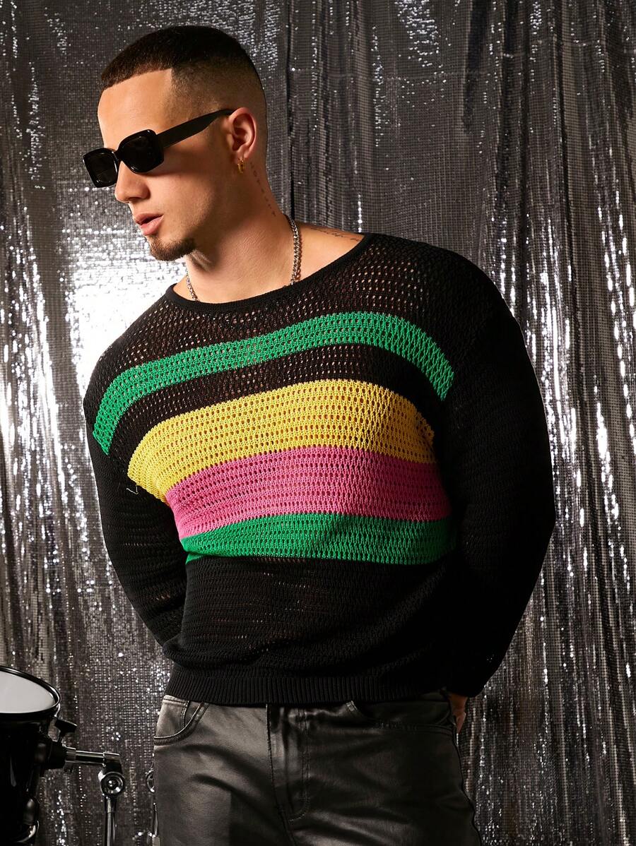FeverCity Jersey de cuello redondo con mangas largas a rayas, informal, para hombre