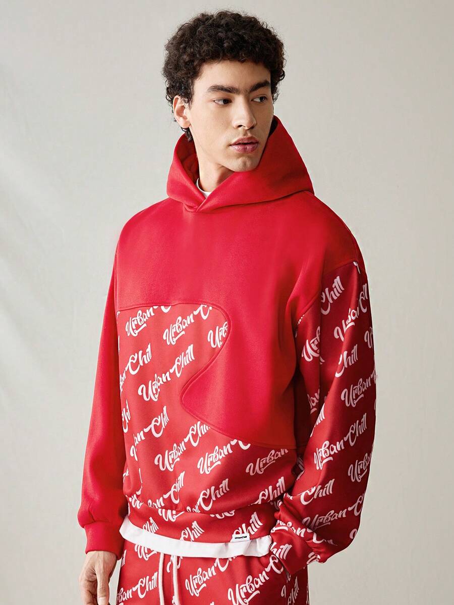 Manfinity VCAY 2pcs/Set Men's Knitted Casual Patchwork Loose Hooded Long Sleeve Sweatshirt And Drawstring Waist Straight Shorts Suit