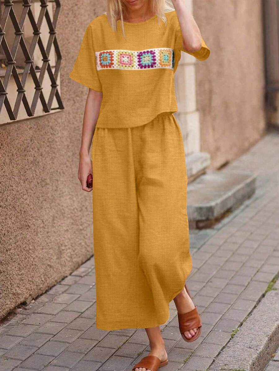 SHEIN LUNE Conjunto de 2 piezas para mujer con mangas cortas y diseño patchwork de estilo bohemio