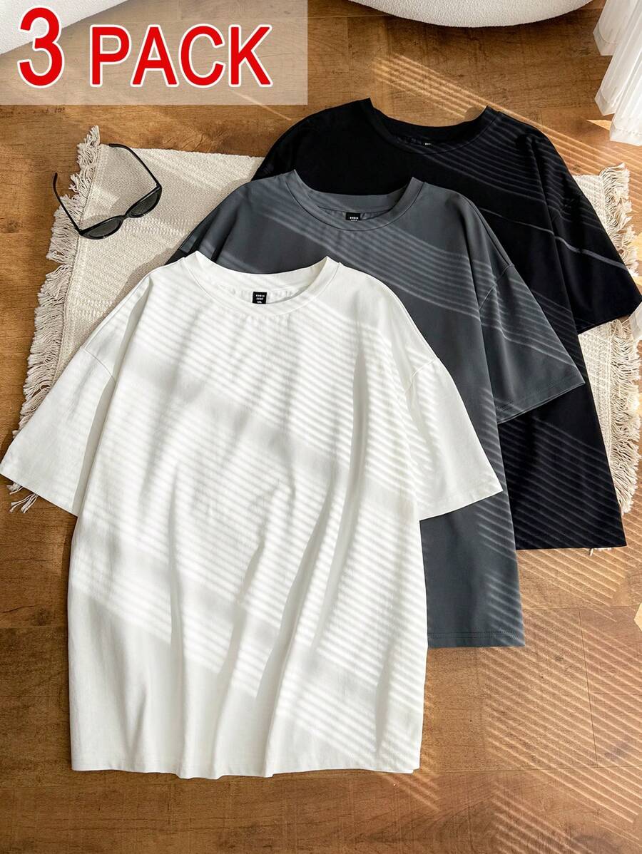 Comfortcana 3pcs Set White, Black & Gray Loose Crew Neck All-Match Plus Size Short Sleeve T-Shirt For Spring/Summer, Plus Size
