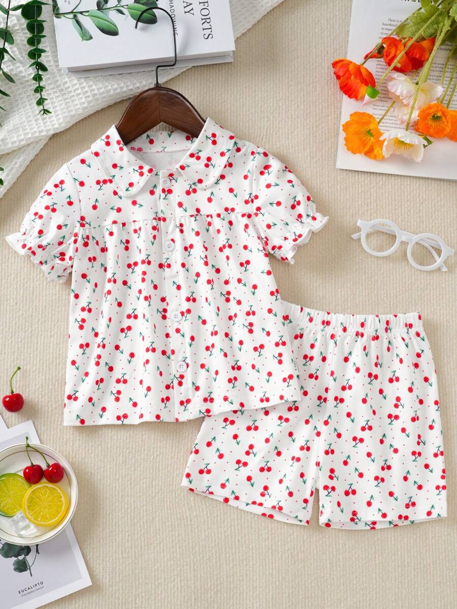 2pcs Baby Girls Red & White Color Block Printed Short Sleeve Crop Top And Shorts Set, Home Outfit