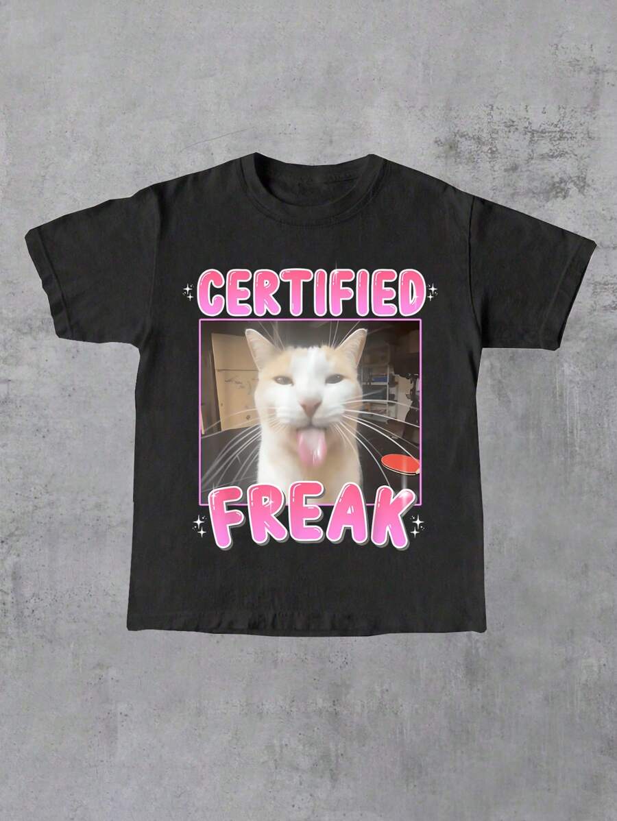Manfinity Dauomo Funny "Certified Weirdo" Cat Print Standard Size Men T-Shirt