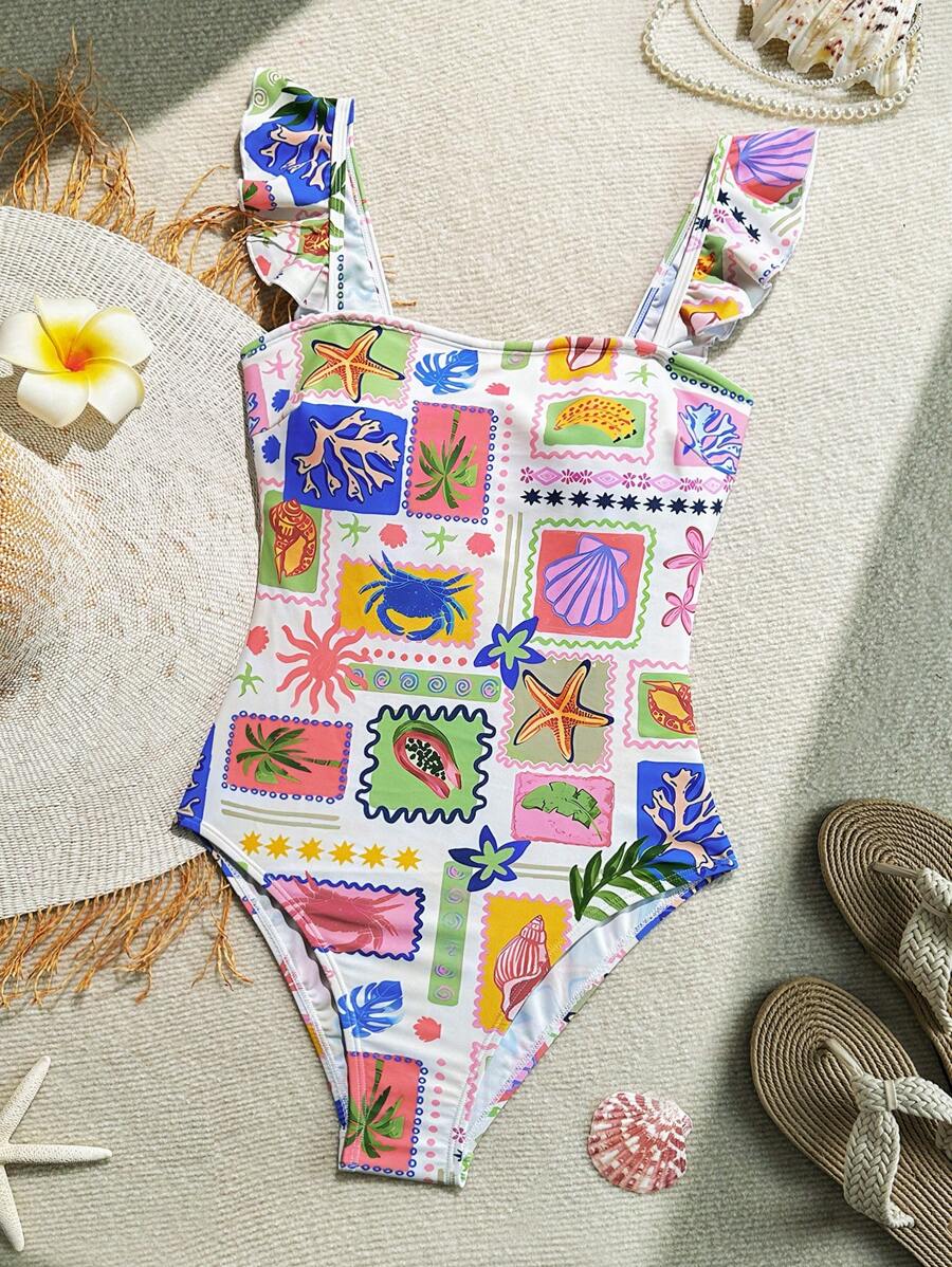 Soleia Women's Tropical Beach Floral Print Patchwork Square Neck Ruffle Trim One-Piece Swimsuit For Summer Beach Vacation