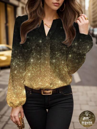 ORANGE STUDIO Artist Black & Gold Casual Minimalist Rhinestone & Sequin Decor Women's Blouse, Black Ombre Pattern Blouse, Suitable For Work/Office Wear In Spring, Festival