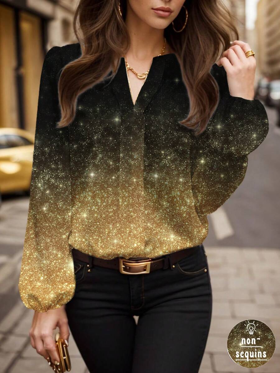 Glamance ORANGE STUDIO Blusas de mujer en negro y dorado de manga larga con escote entallado, de estampado completo, de color block, de tela lisa - conjuntos de verano casuales para salir para mujeres - Tops de verano