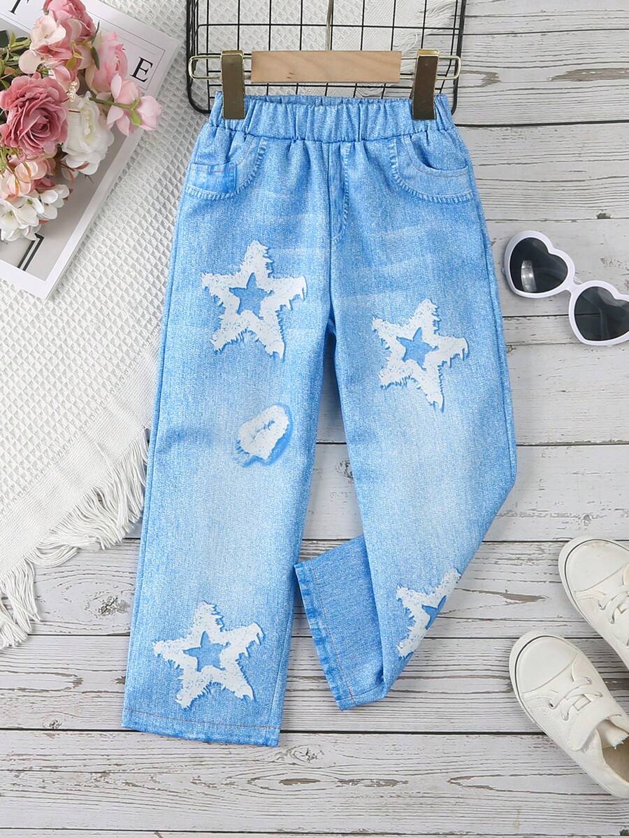 SHEIN New Spring/Summer Young Girl 4-7 Years Old Girls Daily Casual Pentagram Denim Effect-Look Effect Elastic Waist Long Pants