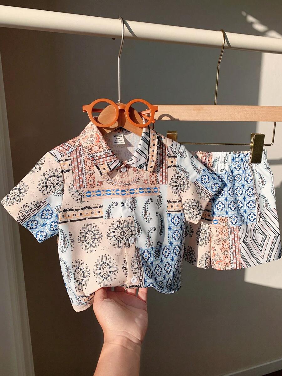 2 Pieces Baby Boys Casual Cute Geometric Pattern Lapel Short Sleeve Shirts, Suitable For Spring/Summer Indoor & Outdoor Wear