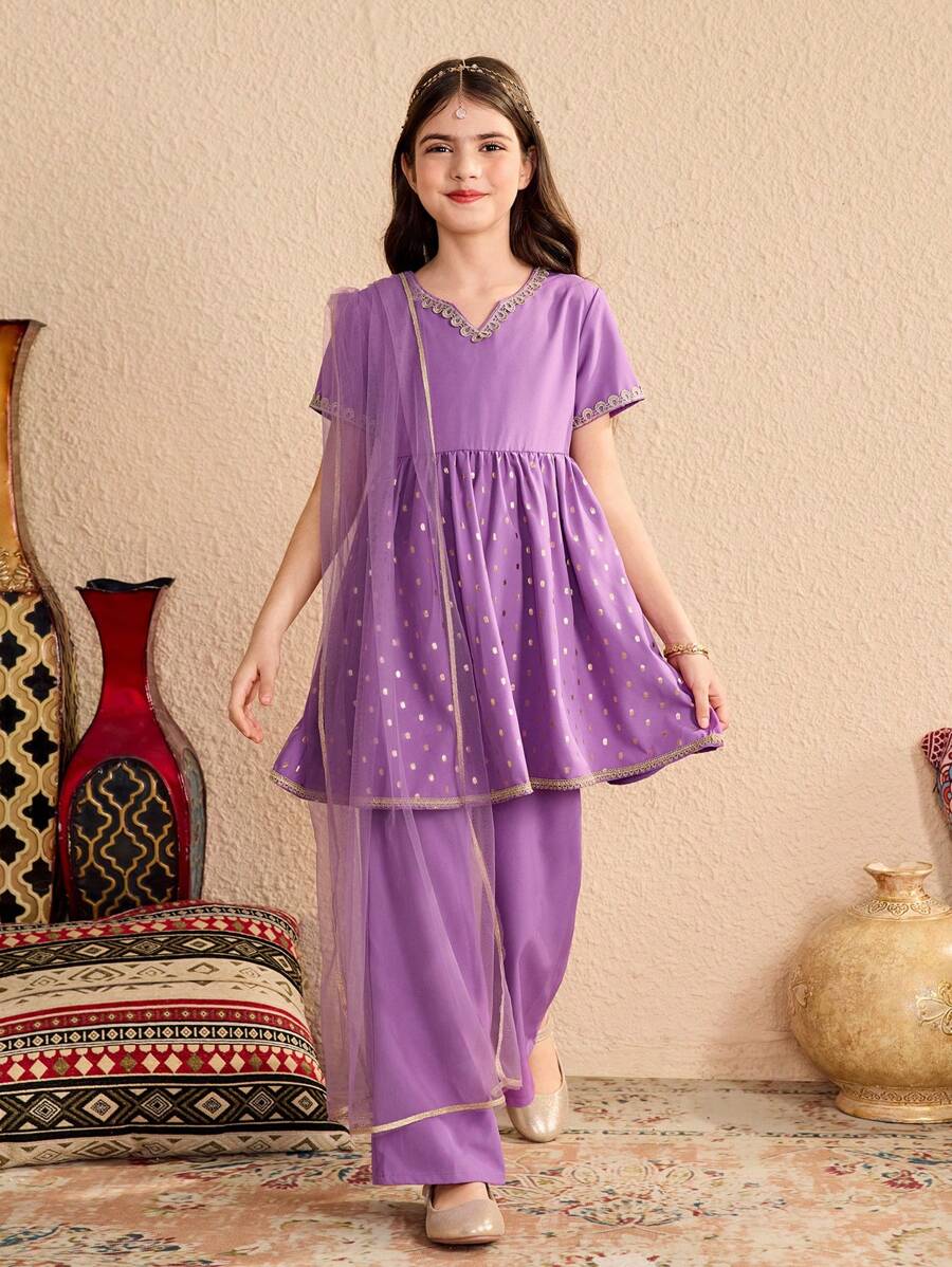 Tween Girl 2pcs Set: Ramadan Ramadan Purple V-Neck Short Sleeve Cropped Top And Solid Color Straight Leg Long Pants, Suitable For School And Casual Outings.