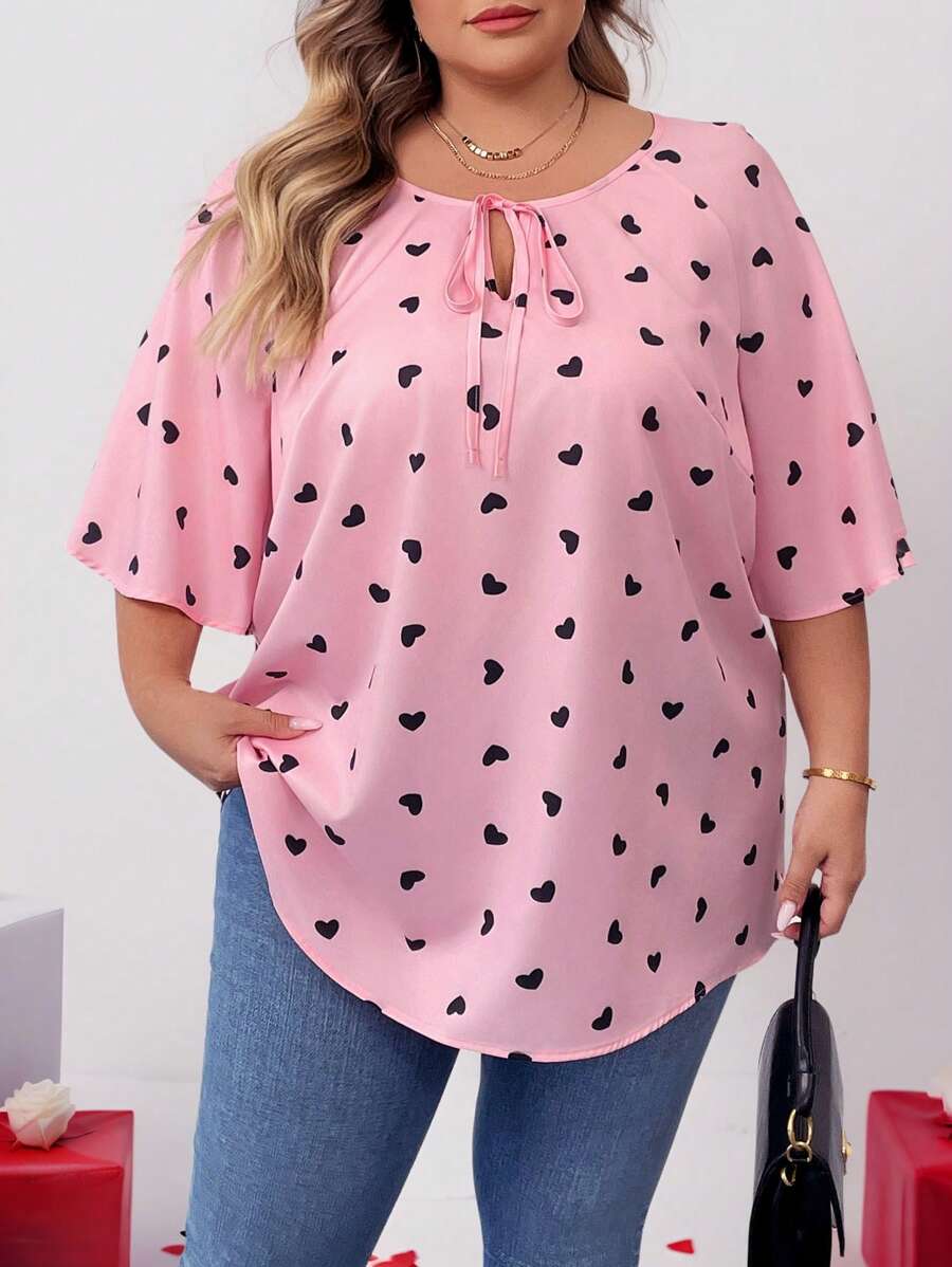SHEIN CURVE+ Plus Size Valentine's Day Heart Print Long Sleeve Shirt, Suitable For Spring And Winter, For Summer