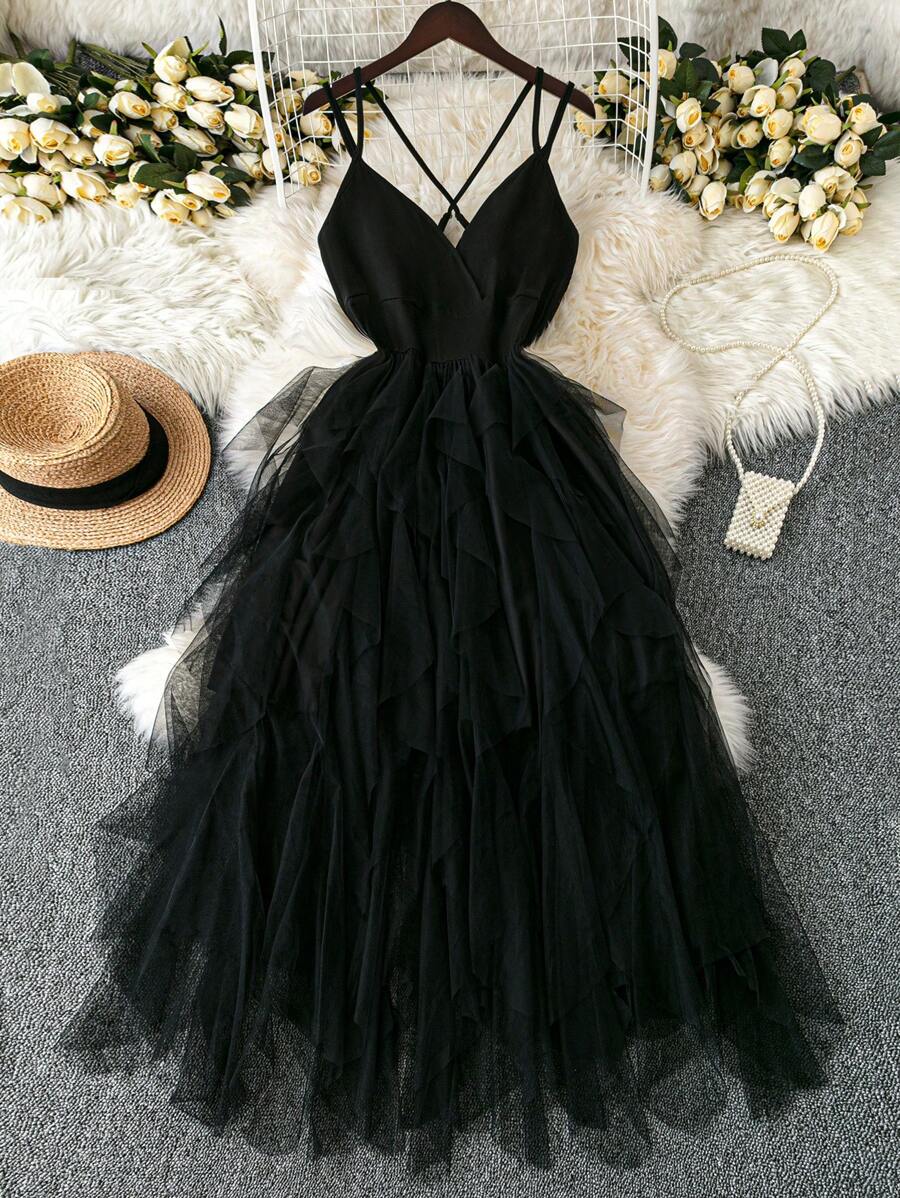 DreamSkyne Exquisite & Elegant Plus Size Black Mesh Ruffle Dress, Elegant Criss-Cross Cami Dress For Special Occasions, Wedding Guest