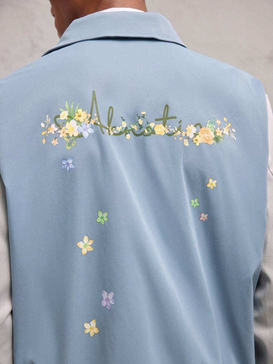 AKNOTIC Business Casual Men's Light Blue Floral Print Woven Panel Contrast Color Casual Jacket, Slim Fit, Suitable For Spring/Summer, Couples, Valentine's Day, Daily Commute