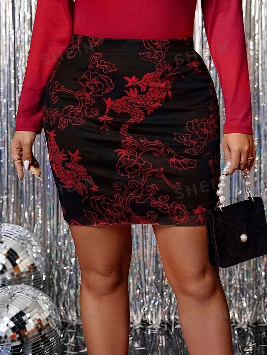 Celure Minifalda ajustada con estampado de malla con diseño de dragón chino, estilo chino nuevo, apta para volver al colegio, graduación, fiestas, San Valentín, festival de música, Día de la Madre, Halloween, Acción de Gracias, Pascua, Día Nacional, baile, noche de cita, tallas grandes para mujer elegante