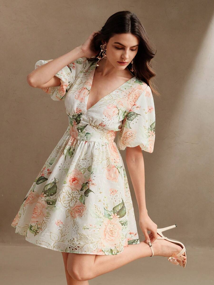 Anewsta Women's Elegant Embroidered Rose Floral V-Neck Dress, Boho, Beach Vacation, Spring/Summer Outfit