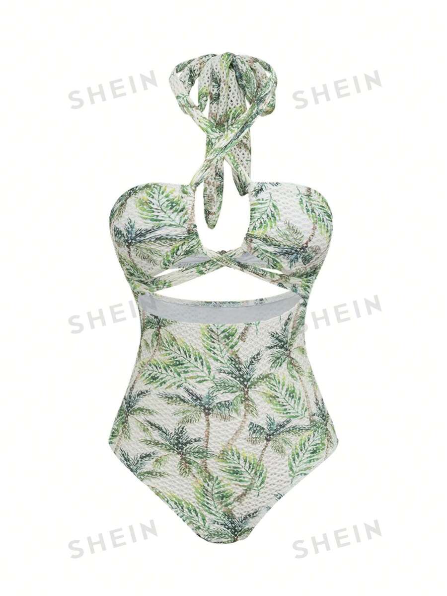 SHEIN Swim Traje de baño de una pieza con estampado de palmera tropical en jacquard de punto, con cuello halter y espalda descubierta, estilo bohemio para playa y festivales de verano