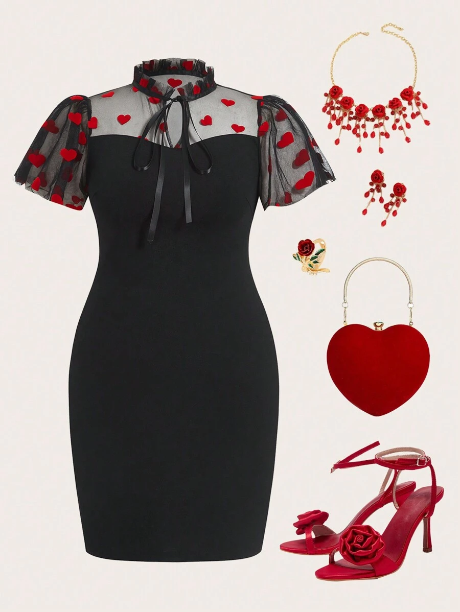 Ellevyn Plus Size Elegant Valentine's Day Heart Mesh & Flocked Patchwork Fitted Dress Outfit