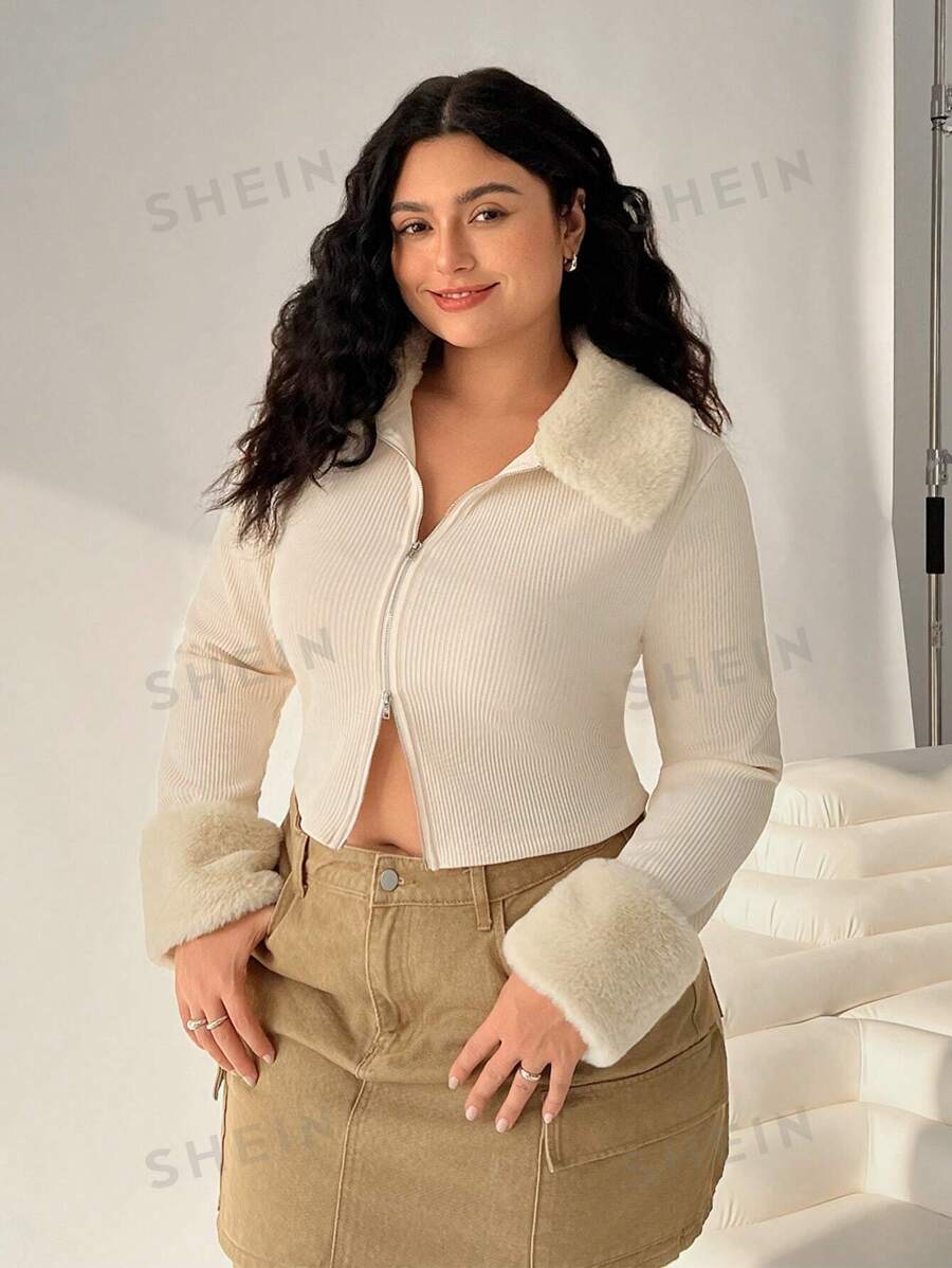 SHEIN EZwear Cárdigan de talla grande para mujer, de unicolor y con acabado fuzzy en patchwork