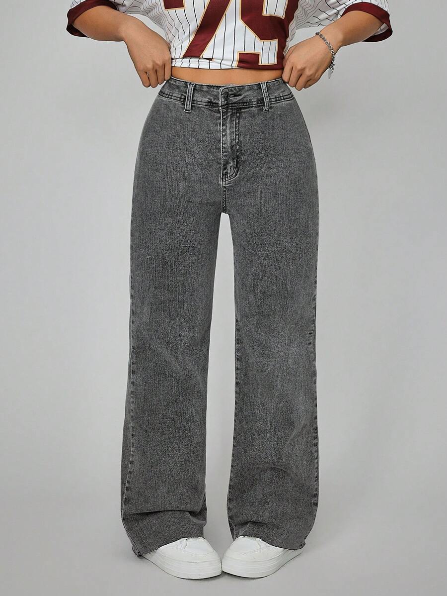 SHEIN EZwear Jean taille haute droit de style décontracté et lavé