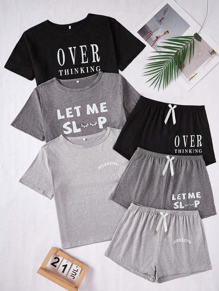 Shein Underwear&Sleepwear Basics 3pcs/Set Plus Size Casual Letter Print Short Sleeve T-Shirt And Shorts Outfits
