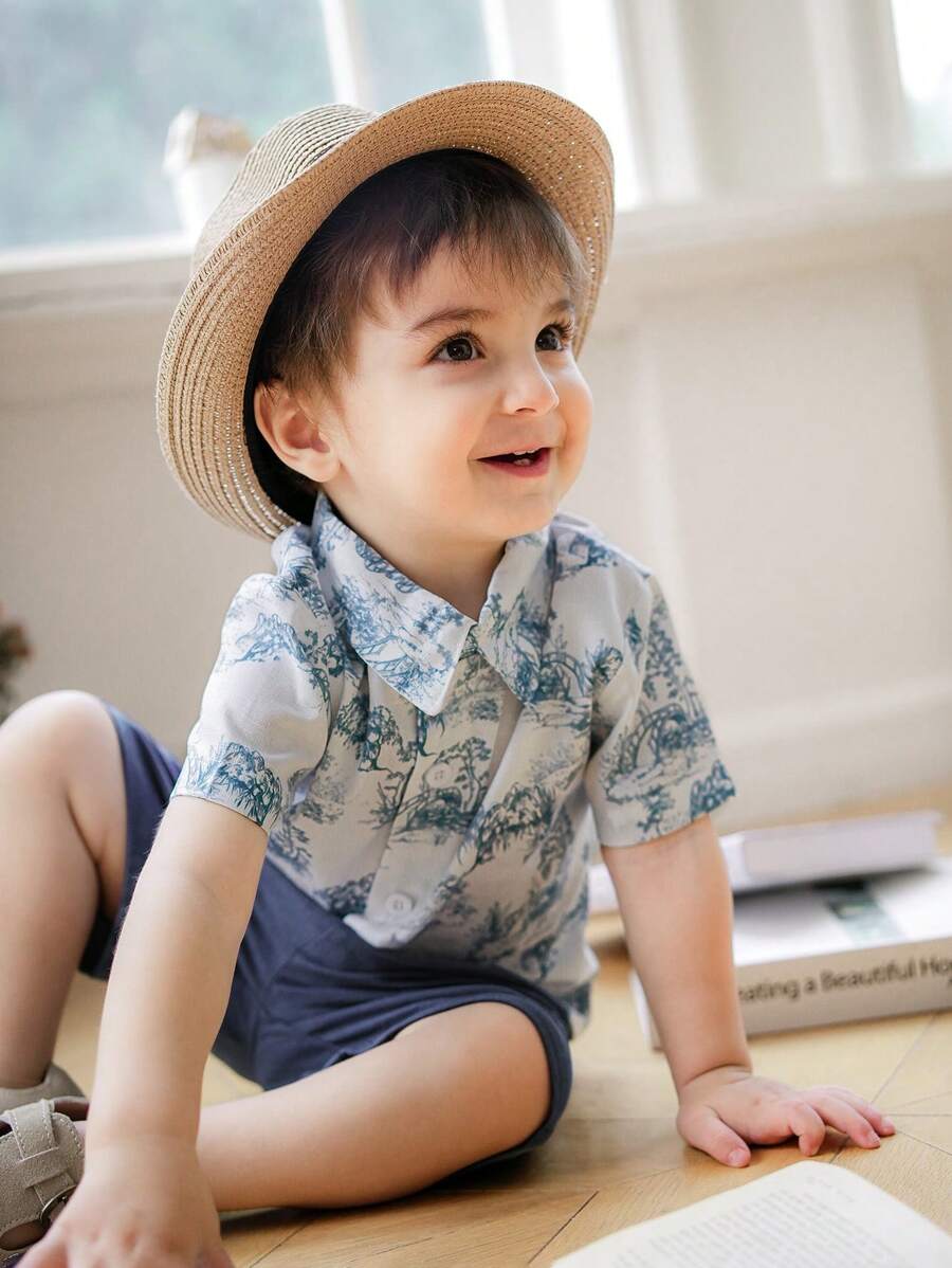 Souflis Souflis Infant/Toddler Boy Summer Floral Print Lapel Collar Short Sleeve Shirt & Straight Loose Casual Shorts 2pcs Suit Set, Fashionable And Comfortable For Summer Vacation