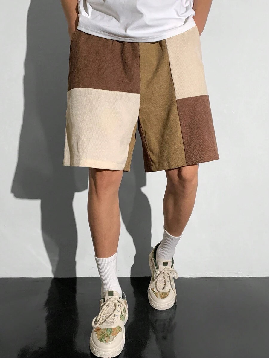 SHEIN 1 Pc Teen Boy's Loose Fit Men's Color Block Drawstring Waist Corduroy Shorts;Spring Wear; Teen Boys' Clothing; Teen Boy' Jackets, Spring Back To School