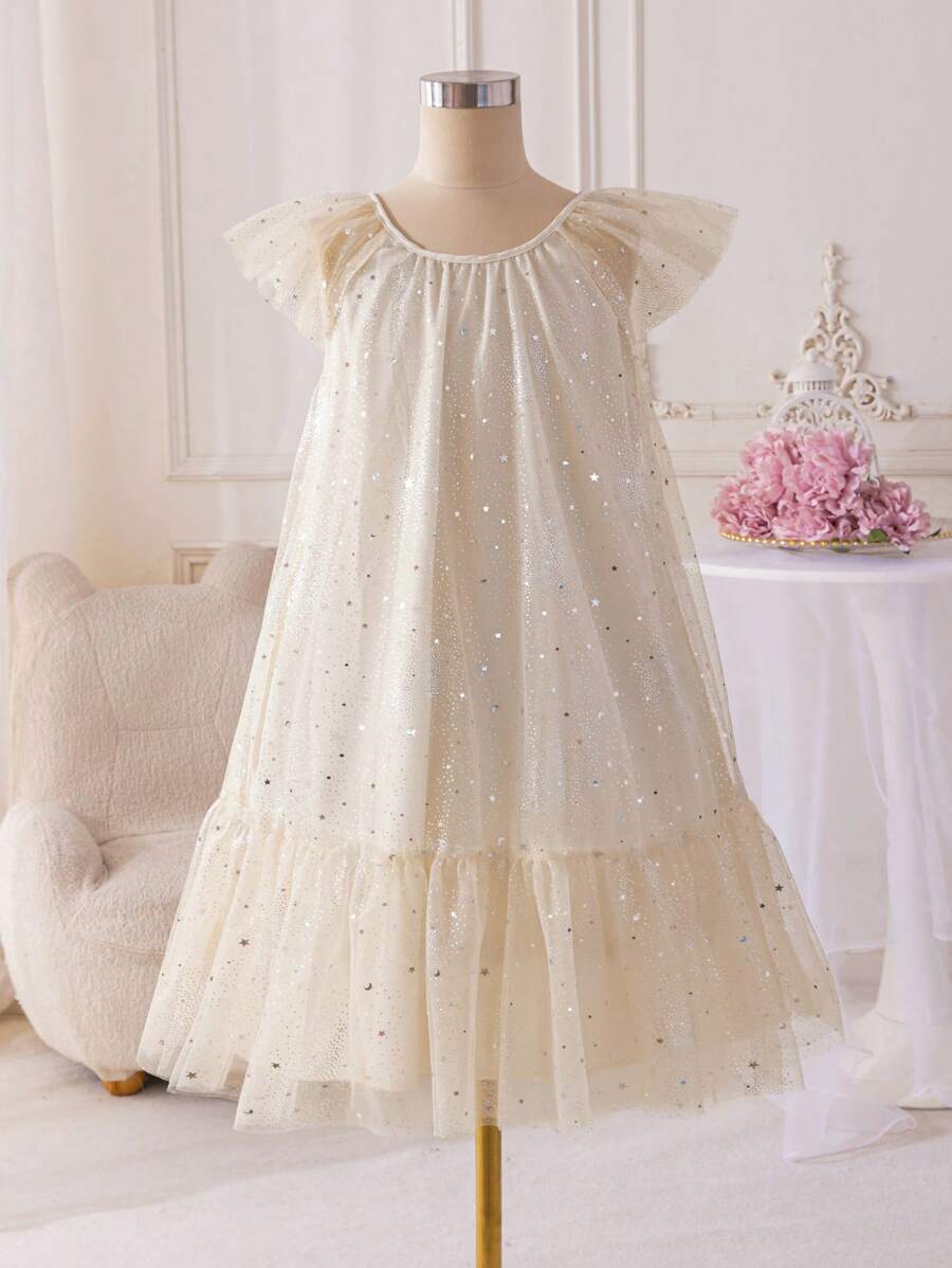 Glamorique Kids Vestido de princesa con estampado de estrellas y lunas para niña preadolescente, adecuado para festivales, reuniones familiares y salidas casuales. El diseño único con estampado de estrellas y lunas y la falda voluminosa de tul hacen que este vestido sea a la vez soñador y juguetón.