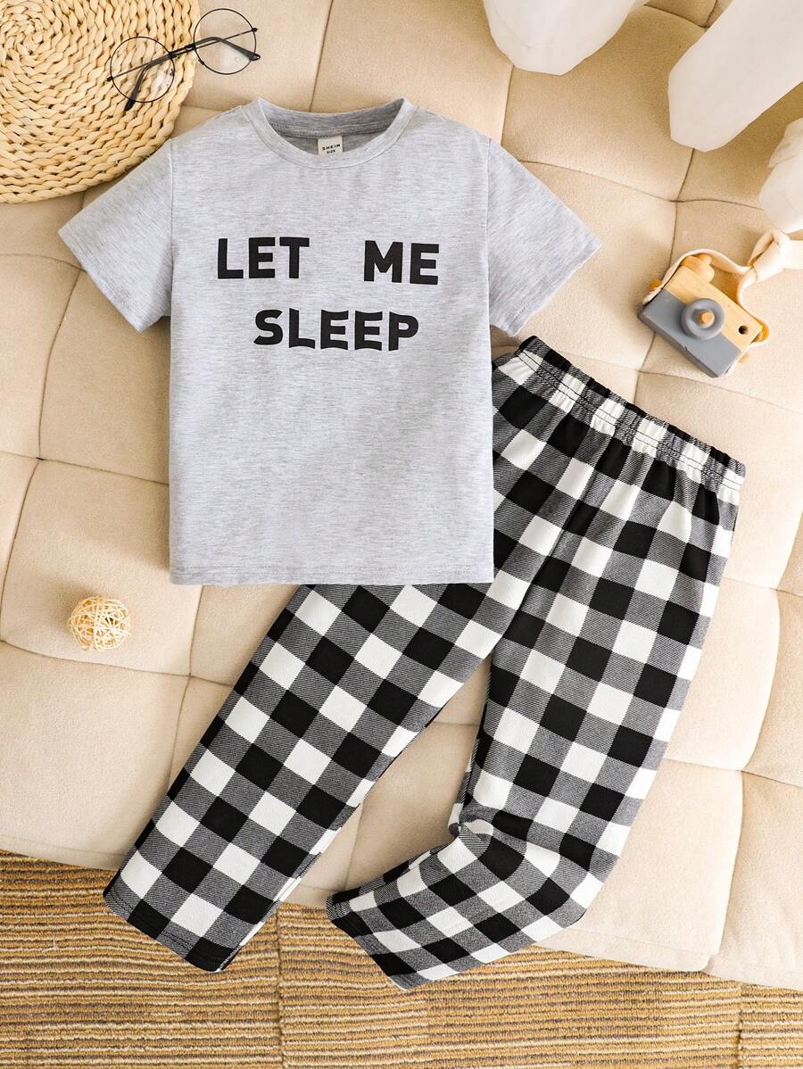 2 peças Conjunto de Pijama Casual, Camiseta de Manga Curta com Gola Redonda e Impressão de Letra em Estilo Minimalista para Menino Jovem, e Calça Solta com Estampa Xadrez