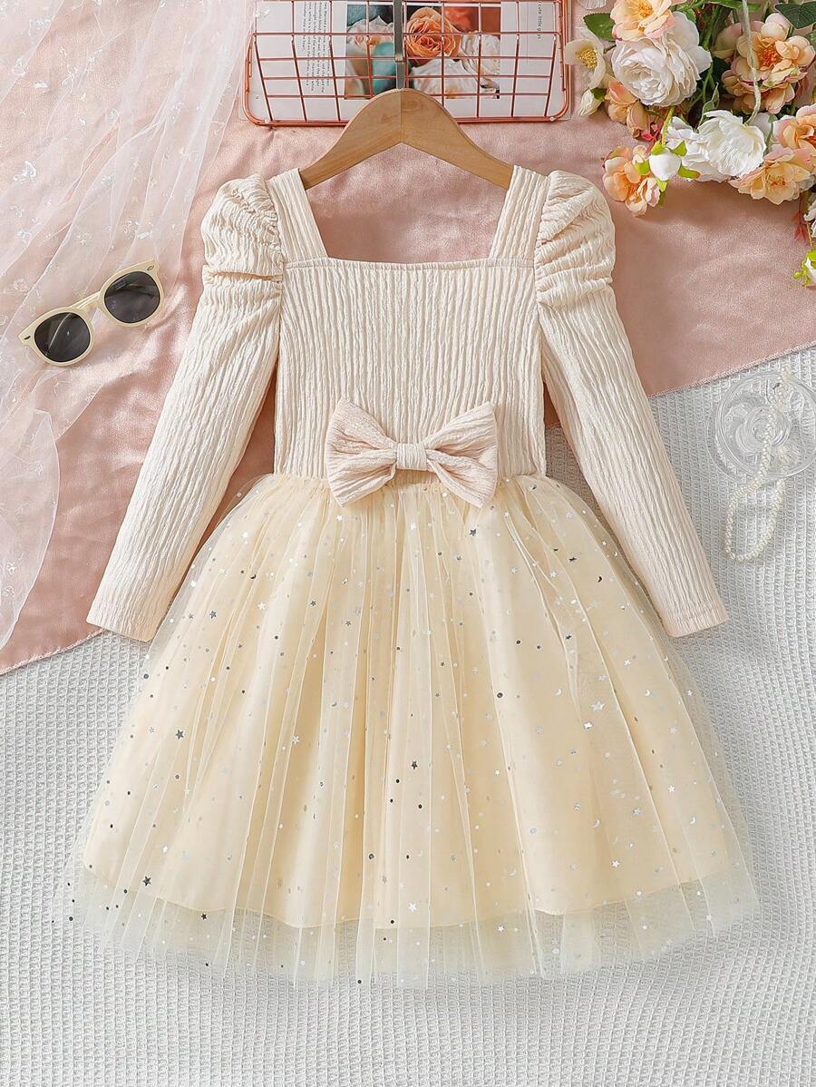 SHEIN Roze ster pailletten mesh tutu jurk voor jonge meisjes met kraag, lange mouwen, strik, prinsessenfeestjurk voor lente en herfst