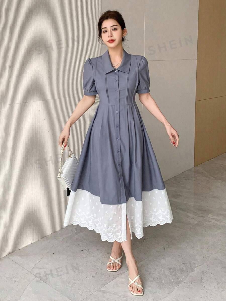DAZY Vestido camisero de mujer midi con mangas abullonadas y bloques de color para usar al aire libre