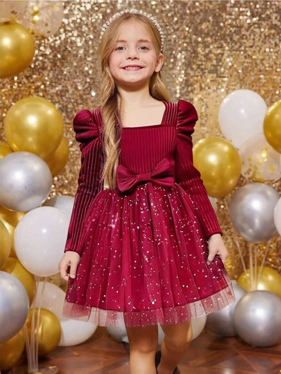 Glamorique Kids Fete tinere, magenta, paiete și plasă, decor stea, guler cu mânecă lungă, fundă, rochie de prințesă, petrecere și ocazie de Valentine, primăvară/toamnă