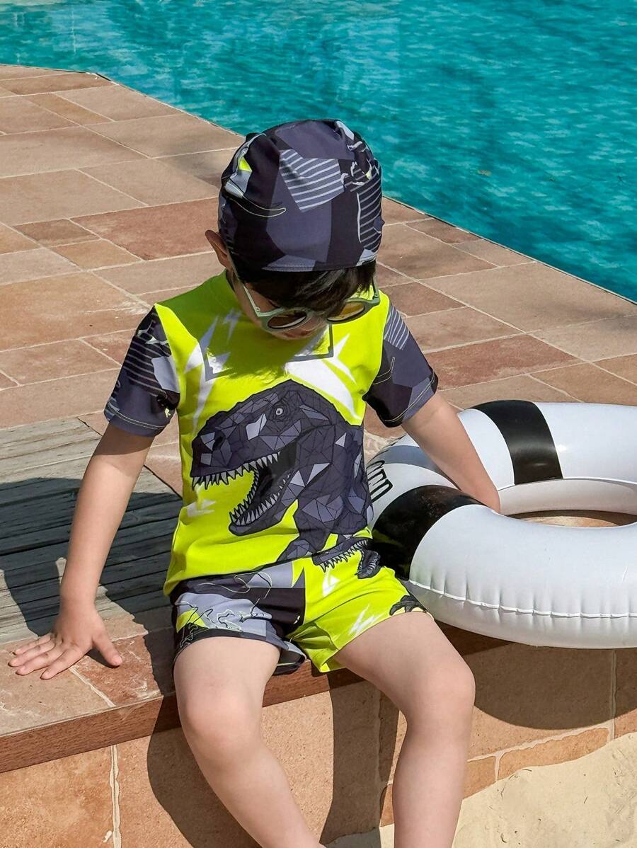 SHEIN 3 Piece Young Boys Boys Casual Sports Swimsuit With Dinosaur Pattern Kids Outfits Young Boy Clothes Back To School Boys Set Suitable For Outdoor Swimming Suitable For Daily Use Suitable For School Suitable For Travel Suitable For Sports Suitable For Spring, Summer, Autumn And Winter Seasons