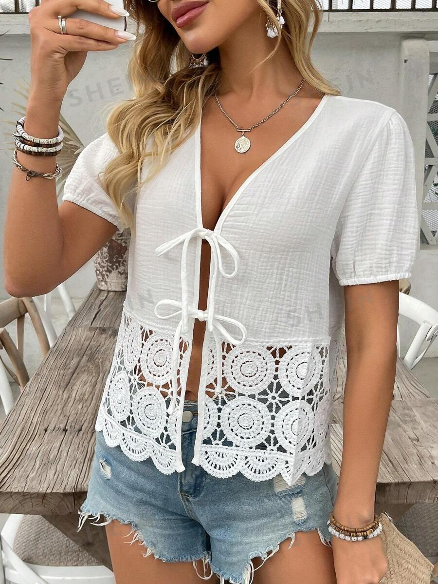Breezaya Camisa de mujer informal con unicolor, bajo empalmado con adorno de encaje, y cintura con cordón