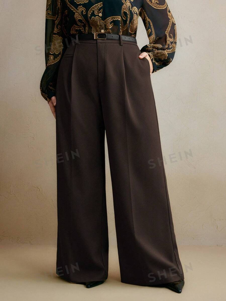 Anewsta Pantalones rectos de mujer de uso casual y para ir al trabajo, pantalones anchos modestos para vacaciones y Año Nuevo, pantalones de vestir marrones de cintura alta para mujeres