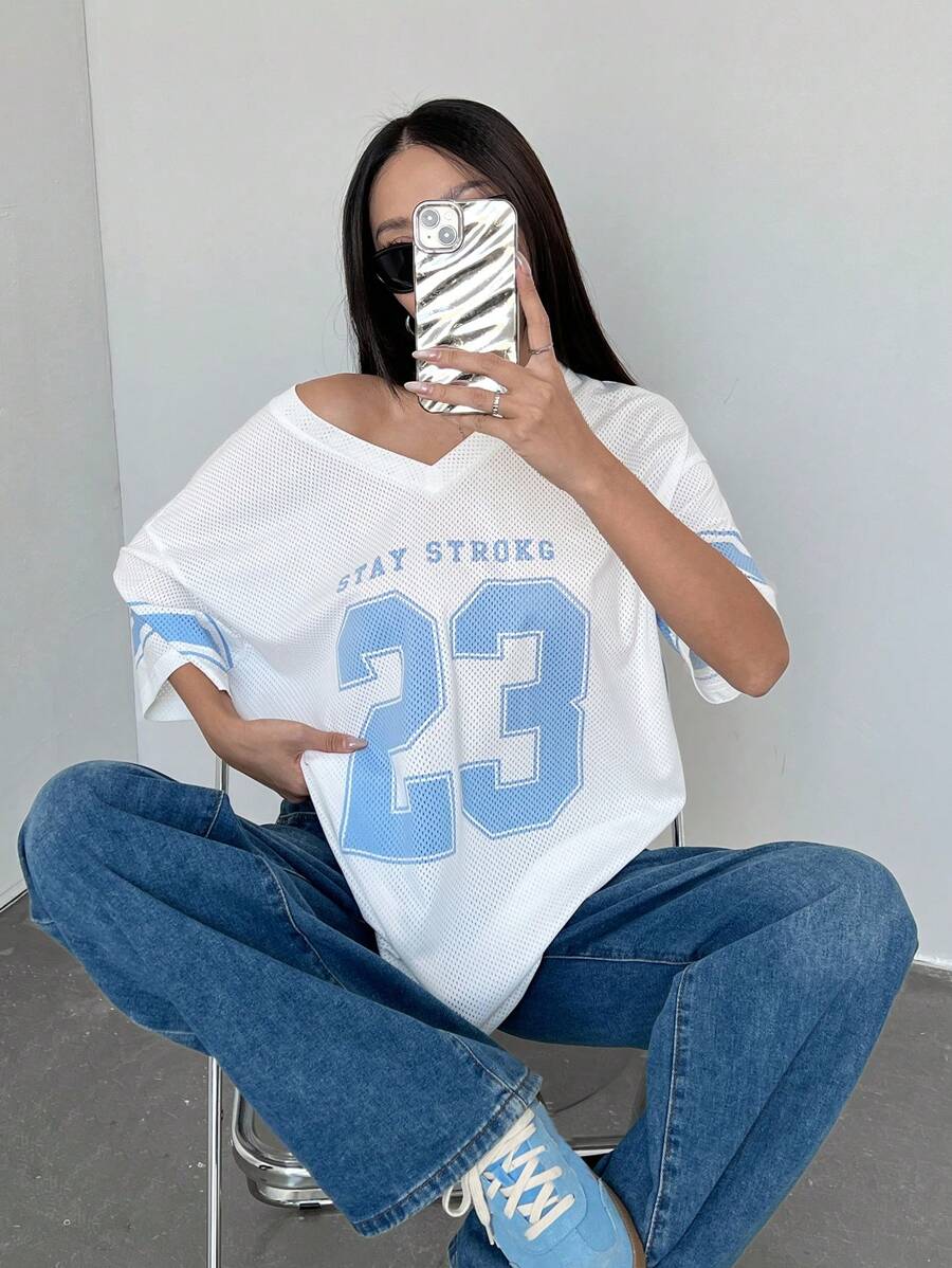 Flirla Camiseta deportiva casual con estampado de dígitos grandes, en estilo Y2K