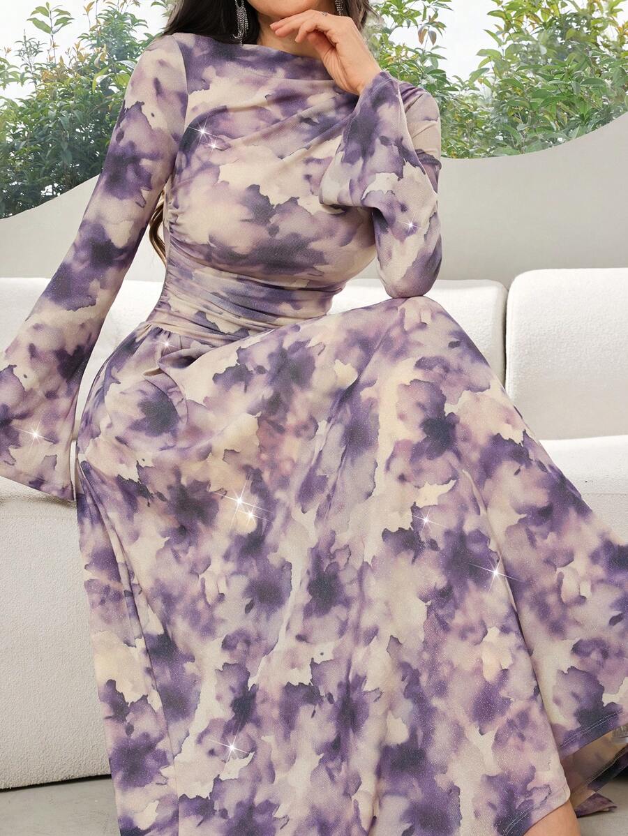 Modelyn Women's Batik Printing Round Neck Long Sleeve Pleated Ruffle Hem Elegant Dress