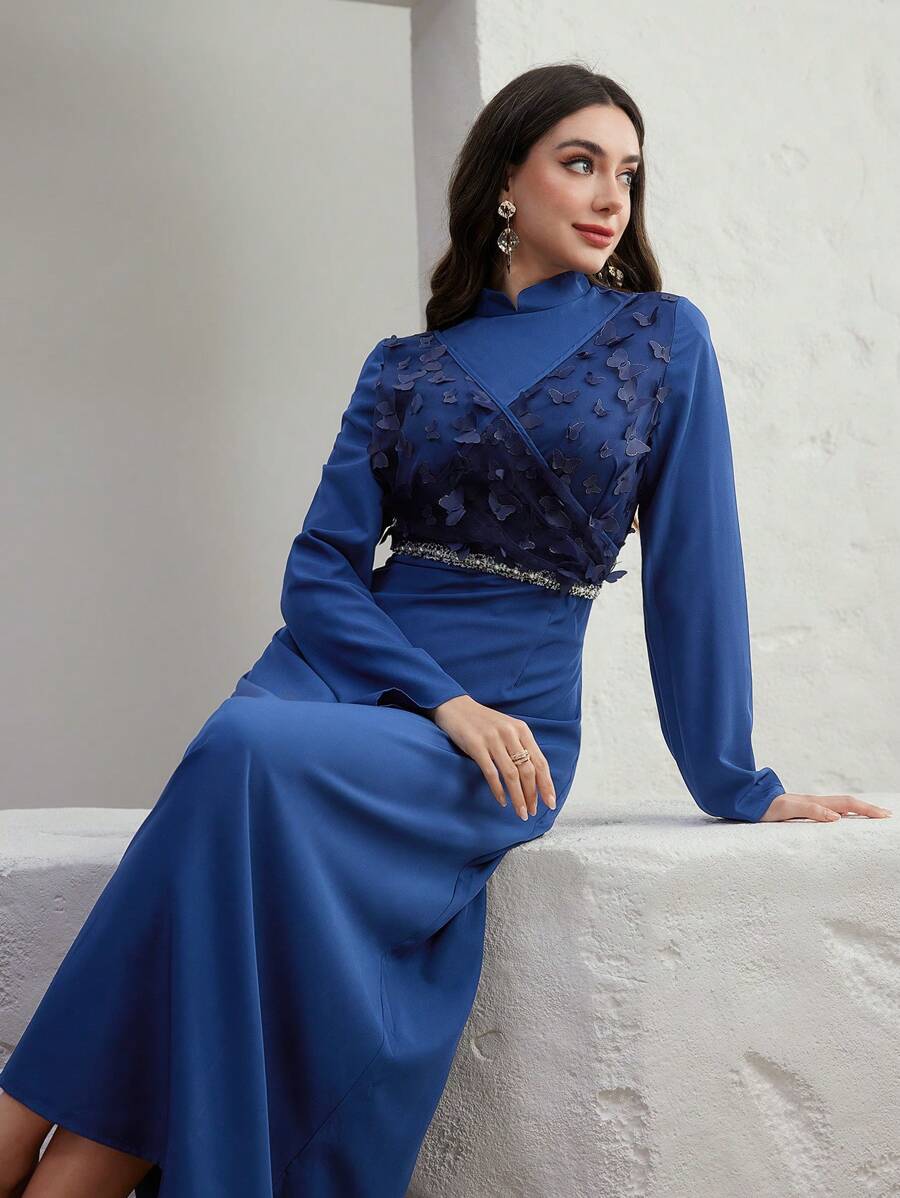 Graceveil Vestido de manga larga estilo árabe elegante para mujer con decoraciones de apliques, modesto