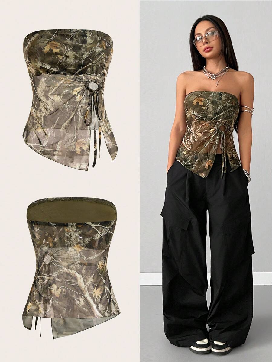 Coolane Women's Spring/Summer Beach Outfits Coquette Cargo Grunge Going Out Tree Branch Pattern Forest Camo Asymmetrical Hem Off Shoulder Tops,Country Festival Outfits