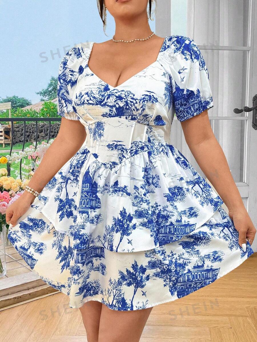 Celure Vestido casual de manga corta con cuello de corazón y estampado, estilo corpiño para tallas grandes en verano