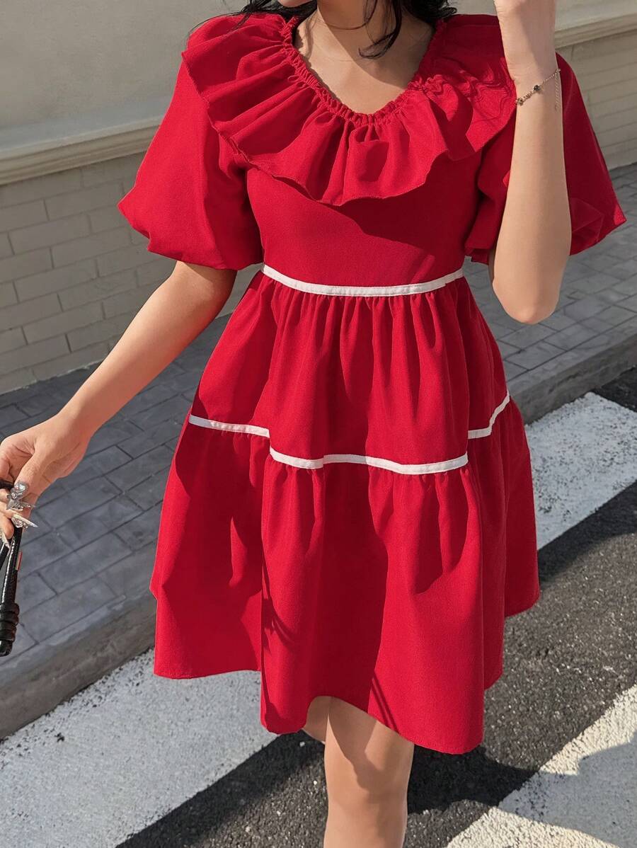 SHEIN Vestido elegante de una pieza con manga abullonada, cuello volante y silueta evasé, de estilo vintage y adorable, en color rojo para el Día de San Valentín para adolescentes